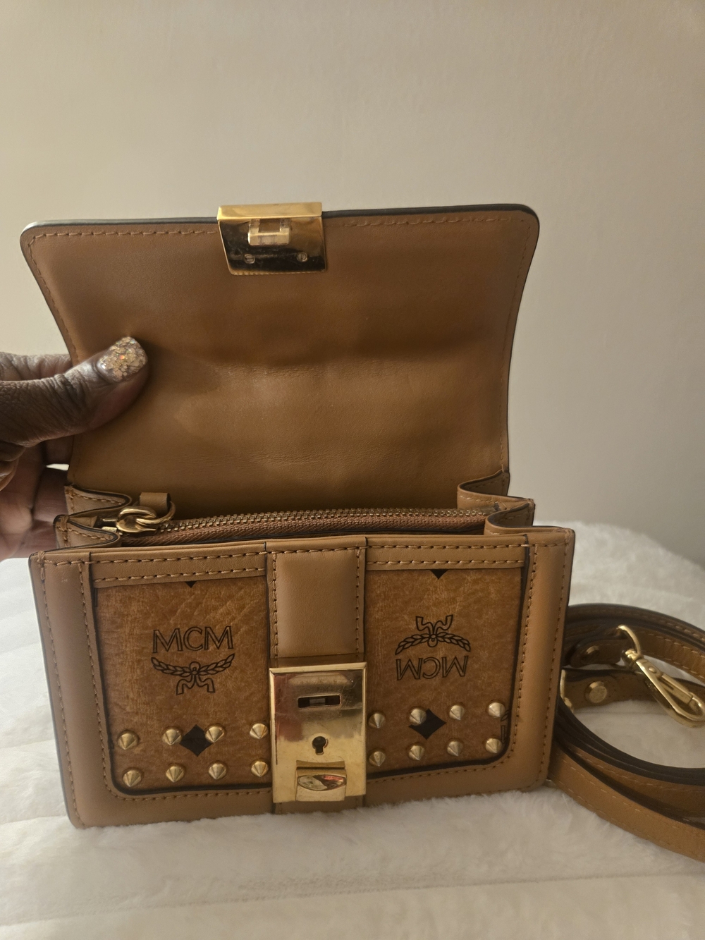 MCM Tan Studded Mini Top-Handle Bag with Gold Hardware - Picture 2 of 6